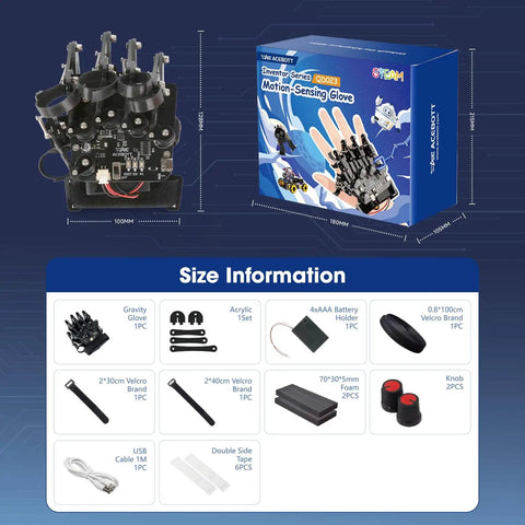 Hands On Motion Sensing Glove For Kids Wireless Robotic Arm Kit With ESP32 Encoders And Accelerometer Arduino Python ACECode Compatible Gesture Control For 8 To 12 Year Old Makers, size info