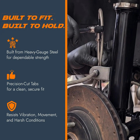 Installing Beefy Bolt On Brake Line Tabs Mounting Brackets For 5/8 Inch Line Fittings, showcasing 12 gauge steel durability