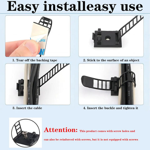 Steps to use Adjustable Adhesive Cable Management Clips 50Pcs with PA66 nylon for under desk, wall mounts, easy peel and reuse, black.
