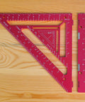 7.5-Inch Magnetic Rafter Square With Jig Block Multi-Angle Measuring Tool For 90-Degree And 180-Degree Angles, in red, on wood.