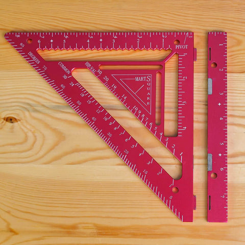 7.5-Inch Magnetic Rafter Square With Jig Block Multi-Angle Measuring Tool For 90-Degree And 180-Degree Angles, in red, on wood.