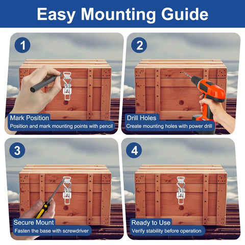 Step-by-step guide to mount Beefy Heavy Duty Stainless Steel Toggle Clamp on wooden box using pencil, drill, and screwdriver.