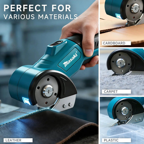 Heavy Duty Cordless Electric Scissors And Cardboard Cutter With Safety Lock Rechargeable Battery Led Light For Leather Carpet Plastic Cutting Tool, cutting leather, cardboard, and carpet.
