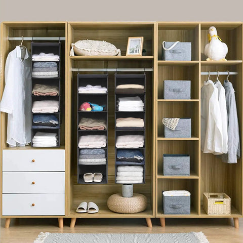 Heavy Duty Six Tier Hanging Closet Organizer With Two Rock Solid Hooks And Wide Grey Fabric Shelves Making It A Reliable Room Saver For Tight Bedroom And Dorm Storage