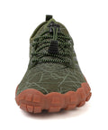 Front view of green water shoe for men and women, size US 11 women and 9.5 men, featuring lightweight breathable mesh upper and quick-dry design.