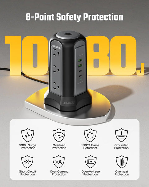 Nine Outlet Tower Surge Protector With Four USB Ports And A 10 Ft Cord, Grounded Plug In Desktop Charging Station, 1080 Joules, Black