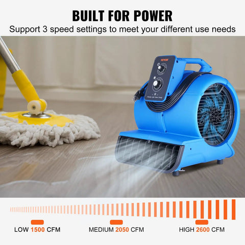 Beefed Up 1/2 HP Air Mover Carpet Dryer Portable Floor Blower with 3 speed settings, 2600 CFM, shown on wooden floor for drying.