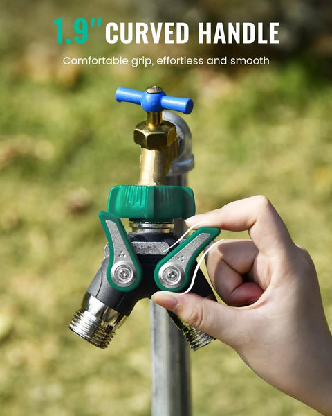 Built Tough Heavy Duty Garden Hose Splitter 2 Way With Shut Off Valve Three Quarter Inch Connector All Metal Body Full Flow No Fuss Outdoor Water Faucet Adapter Fittings, 1.9" curved handle