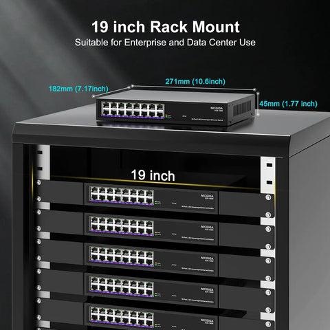 16 Port 2.5Gb Unmanaged Ethernet Switch Plug And Play Desktop Or 19 Inch Rack Mount shown with dimensions