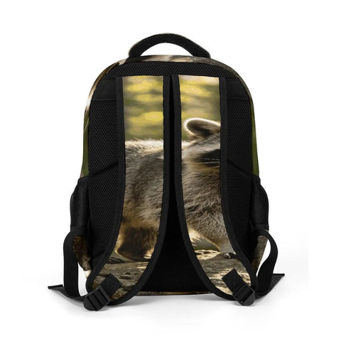 Woodland Raccoon Print Backpack For Everyone with breathable back panel, polyester fabric, and adjustable straps