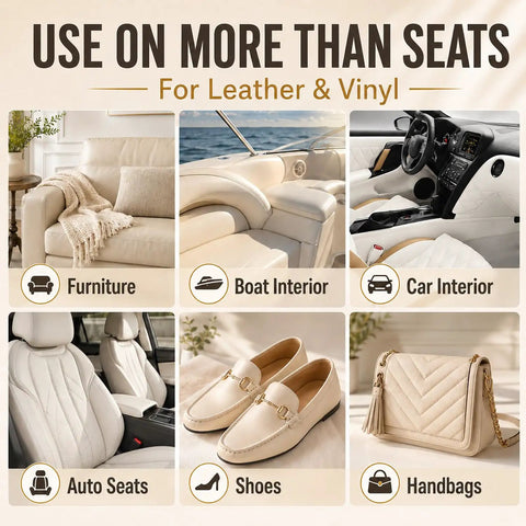 Professional Grade Easy Apply Leather And Vinyl Repair Kit For Fixing Scuffed Couches Furniture And Worn Car Seats With Dead On Color Match And No Sweat Finish used on furniture, boat interiors, car interiors, auto seats, shoes, and handbags.