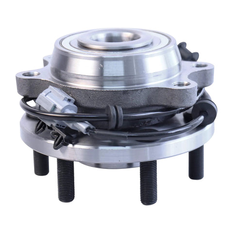 Front Wheel Hub Bearing Assembly Set Of 2 For 2005-2019 Nissan Frontier 4WD, 2005-2012 Pathfinder 4WD, 2005-2015 Xterra 4WD, 2009-2012 Suzuki Equator 4WD With ABS. Image shows a side view of the assembly featuring visible ABS components and lug bolts.