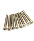 Eight zinc alloy screws with Phillips heads arranged in a row on a white background, suitable for various furniture assembly.
