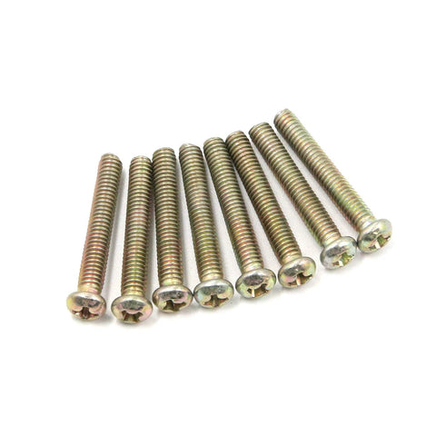 Eight zinc alloy screws with Phillips heads arranged in a row on a white background, suitable for various furniture assembly.
