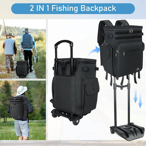 Rolling Tackle Box With Cooler And Wheels, Large Saltwater Ready Fishing Backpack With Rod Holders on stand and being carried