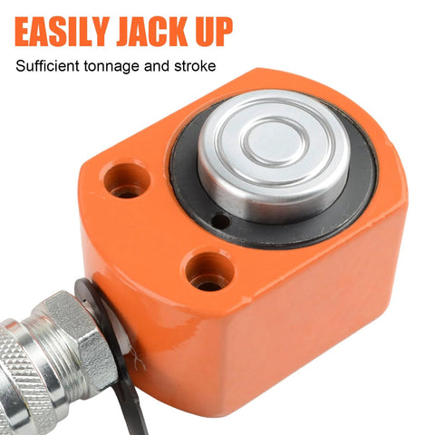Hydraulic jack head in orange with silver round ram top and hose fitting (close-up view)