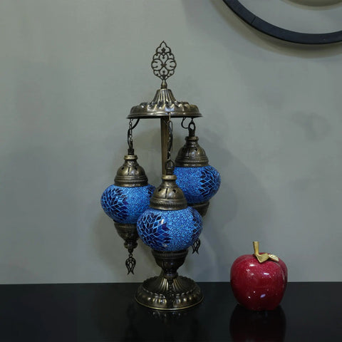 Three Globe Turkish Mosaic Table Lamp Lilac Purple Globe Light For Living Room And Office Decor Handmade Multicolor Spheres With E12 Socket And US Plug On Off Switch Cozy Vibe next to a red apple