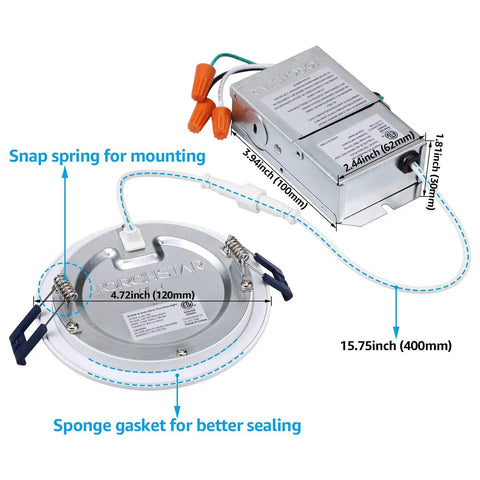 Essential Series 6 Inch Ultra Thin LED Recessed Lighting with J-Box Pack of 4, showing snap spring and dimensions.