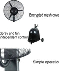Heavy Duty Misting Floor Stand Fan With Wide Angle Sweep And Adjustable Height shows encrypted mesh cover and independent spray control.