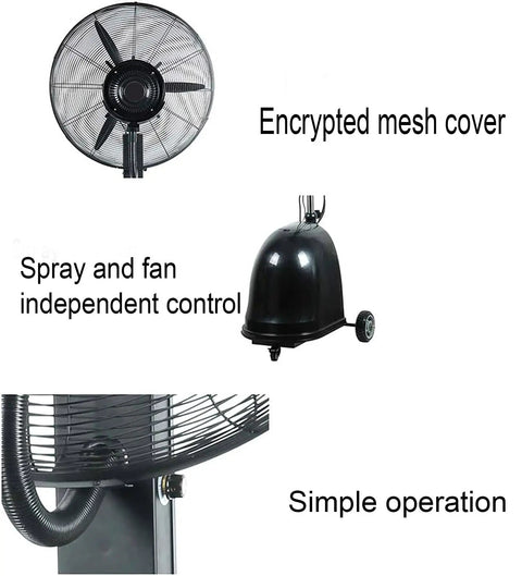 Heavy Duty Misting Floor Stand Fan With Wide Angle Sweep And Adjustable Height shows encrypted mesh cover and independent spray control.
