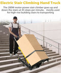 Electric Stair Climber Dolly transporting a large box up stairs, featuring rubber tracks and a 200W motor, ideal for heavy loads.