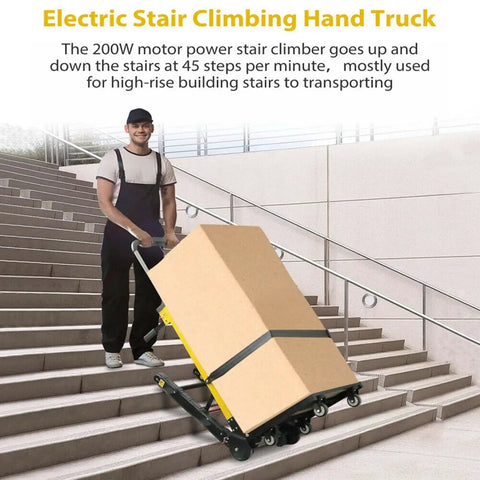 Electric Stair Climber Dolly transporting a large box up stairs, featuring rubber tracks and a 200W motor, ideal for heavy loads.