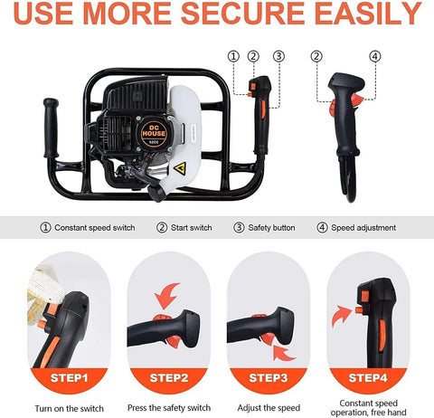 Gas Powered Post Hole Digger with 52cc EPA Certified Engine and controls for safety and speed adjustments