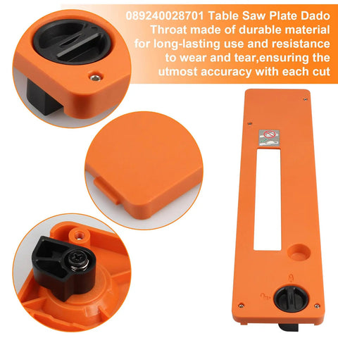 Dado Throat Plate Compatible With Ridgid Table Saw R4514 R4518, orange metal insert with precise cut slot for table saws.