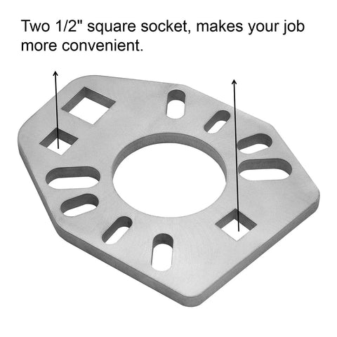 Stainless steel pinion yoke wrench tool base plate with large central hole and multiple slots for yokes and axles