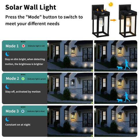 Solar Wall Light Outdoor With Motion Sensor Three Lighting Modes Waterproof Porch Sconce With Clear Panels demonstration