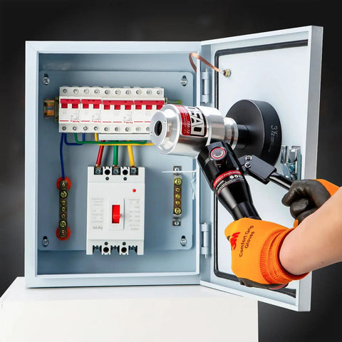 Dude, this 120KN Aluminum Alloy Hydraulic Knockout Hole Punch Driver Kit used on an electrical panel, punch tool in action.