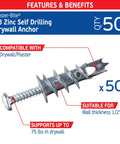 Zinc Plaster Bite Self Drilling Drywall Anchors Kit With 50 Anchors And 50 Screws showing compatibility and features.