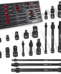20 Piece Locking Impact Socket Extension Set With Three Inch Six Inch Nine Inch Extension Bars For One Quarter Inch Three Eighth Inch One Half Inch Drive Quick Release Locking Collar Cr V Steel Universal Joints Bit Socket Adapters And Socket Adapters displayed flat.