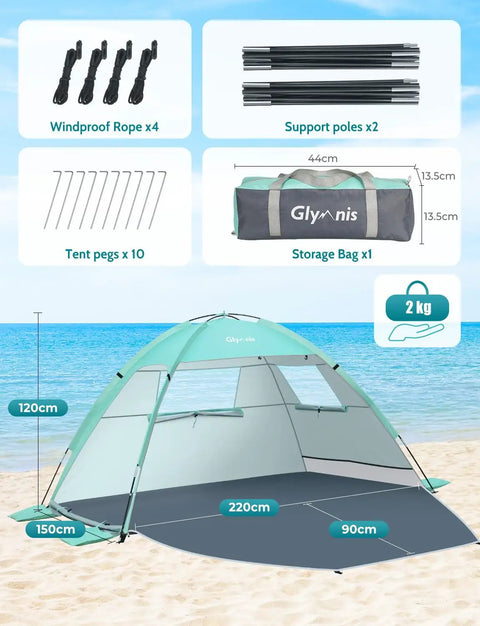 Beach Day Ready Sun Shelter For Three People With UPF Fifty Plus UV Protection Lightweight Easy Setup Shade Canopy Green setup