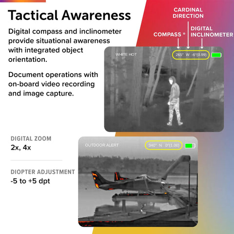 Tactical view of Breach PTQ136 Thermal Imaging Monocular With Boson 12 Micron Core displaying digital compass and zoom features.