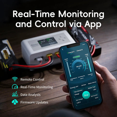 Dual LiPo Charger For RC Fans With Bluetooth App Control, 16A AC 300W DC 700W shown with smartphone app for real-time monitoring.