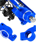 Close-up of Aluminum Suspension Arms, Caster Blocks, Steering Blocks, Rear Stub Axle Carriers And Suspension Mount Upgrade Kit in navy blue.