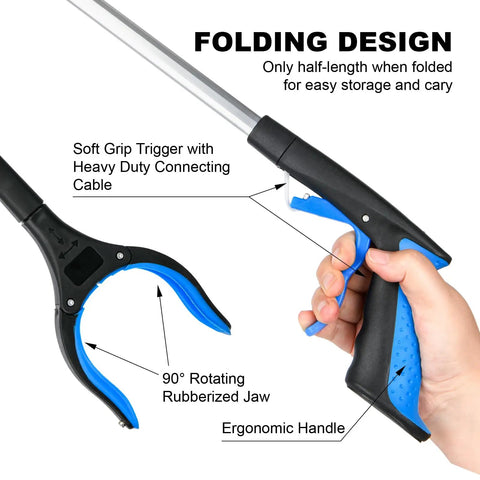 32-Inch Grabber Reacher Tool Set With 360-Degree Rotating Head, Wide 4-Inch Claw, Foldable Grabber For Seniors, Anti-Slip Grip, No Bend Needed For Floor, Trash, Shelves And Car Seats, Blue