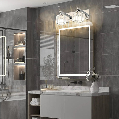Crystal Vanity Lights For Bathroom Stainless Steel Wall Mount Two Light Fixtures Dimmable With E26 Bulb Not Included 15 Inch Long 4.3 Inch Wide 7.1 Inch Projection Modern Look showcasing a modern bathroom setup.