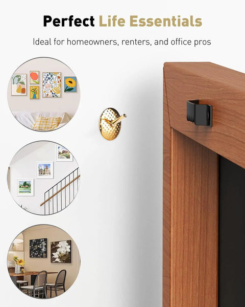 Top Tier 80 Piece Picture Hanging Kit Featuring Assorted Bulletproof Metal Hooks And Heavy Duty Nails For Stress Free Wall Art Displays Supporting Up To 60 Pounds For Quick Do It Yourself Home Makeovers, gold hook on wall.