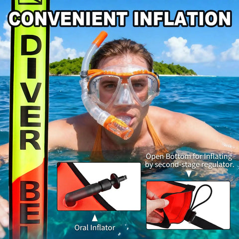 5ft Surface Marker Buoy For Diver Safety High Visibility Open Bottom SMB With Oral Inflator And Reflective Strip in use