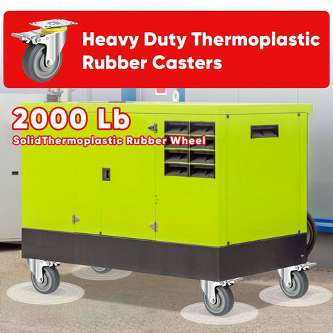 Industrial equipment on Heavy Duty 5 Inch Caster Wheels Set, 4 Pack, Includes 2 Locking Swivel Casters And 2 Rigid Casters, 500 Pound Capacity Each, TPR Silent Tread With Steel Core, Includes M8 Bolts And Nuts For Easy Mounting, showing casters installed.