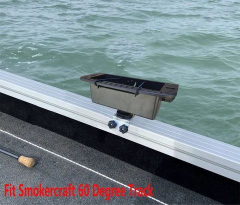 60 Degree Boat Track Tool Holder For SmokerCraft Boats, Polar Kraft Track, Starcraft Cockpit Organizer With Storage Box, Easy Install And Reposition, Quickly Move Base Along Track For Tackle, Tools, And Fishing Gear on boat rail