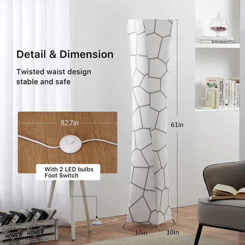 61 Inch RGB Color Changing Floor Lamp with marble fabric shade in living room showing dimensions and foot switch.