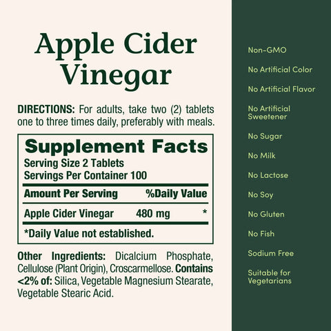 Supplement facts for Straight Up Apple Cider Vinegar Supplements 480 Mg Daily 200 Count Tablets, dietary directions and ingredients.