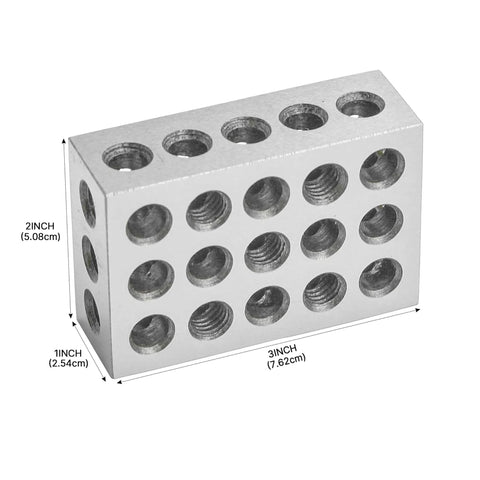 Isometric view of HFS 1-2-3 machinist block in hardened steel with 23 holes, 3×2×1 in