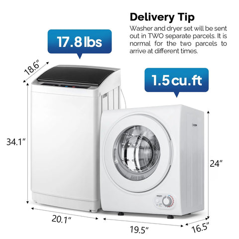 ROVSUN compact washer and 1.5 cu ft dryer set, white; front view of two appliances.