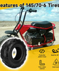 Red mini bike with Tubeless 145/70-6 Mini Bike Tire For Coleman CT100U Baja Dirt Bug Doodle Bug DB30 RT100 Motovox MBX10 MBX11 GMB100 Kazuma Roketa 110cc ATV Quad Go Kart, showing tread pattern and material icons.
