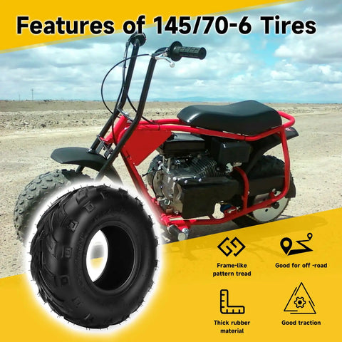 Red mini bike with Tubeless 145/70-6 Mini Bike Tire For Coleman CT100U Baja Dirt Bug Doodle Bug DB30 RT100 Motovox MBX10 MBX11 GMB100 Kazuma Roketa 110cc ATV Quad Go Kart, showing tread pattern and material icons.
