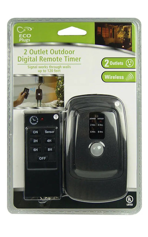 Super Tough Weatherproof Remote Outlet Power Strip With 100 Foot Wireless Range Dual Sockets Plug In Timer For Yard Lights And Pool Pump Dead Simple Operation Black Built To Last A Real Badass Upgrade For Any Backyard Layout, packaged with remote.